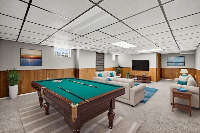 3259 Brodhead Rd, Center Twp, PA 15001 - recreation room featuring wainscoting, wooden walls, pool table, a drop ceiling, and carpet floors