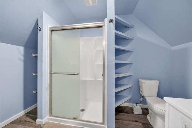 3259 Brodhead Rd, Center Twp, PA 15001 - full bath with wood finished floors, vaulted ceiling, a stall shower, and vanity