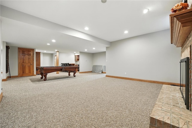 1023 Sophia Ln, Adams Twp, PA 16046 - game room with carpet floors, a fireplace, recessed lighting, and pool table