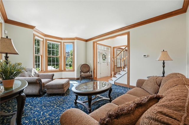 1023 Sophia Ln, Adams Twp, PA 16046 - living room with stairway, ornamental molding, and wood finished floors