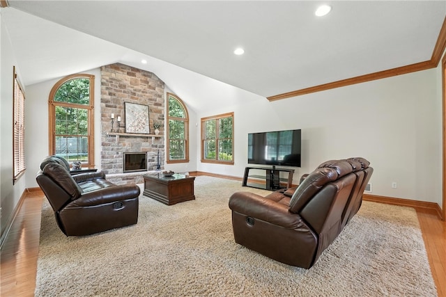 1023 Sophia Ln, Adams Twp, PA 16046 - living area with vaulted ceiling, light wood-style floors, a fireplace, and recessed lighting