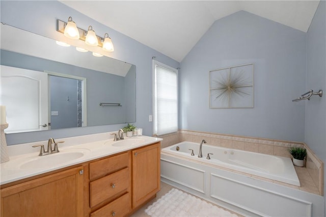 2214 Shannon Mills Dr, Connoquenessing Twp, PA 16053 - bathroom with double vanity, a bath, and lofted ceiling