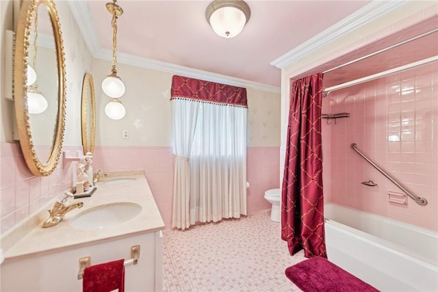 145 Herbst Rd, Kennedy Twp, PA 15108 - bathroom with tile walls, shower / tub combo, double vanity, wainscoting, and crown molding