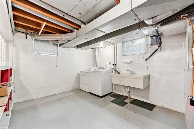 145 Herbst Rd, Kennedy Twp, PA 15108 - unfinished basement featuring washing machine and clothes dryer and concrete block wall