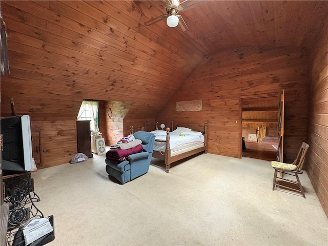 1530 Washington Rd, Washington Twp, PA 15613 - unfurnished bedroom featuring lofted ceiling, wood walls, carpet, wood ceiling, and ceiling fan