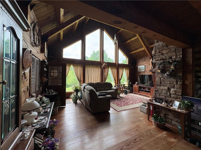 1530 Washington Rd, Washington Twp, PA 15613 - living room with hardwood / wood-style floors, a wooden ceiling with exposed beams, wood walls, and high vaulted ceiling
