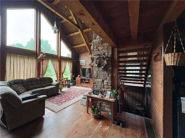1530 Washington Rd, Washington Twp, PA 15613 - living area with a wood ceiling with exposed beams, hardwood / wood-style flooring, plenty of natural light, wood walls, and high vaulted ceiling