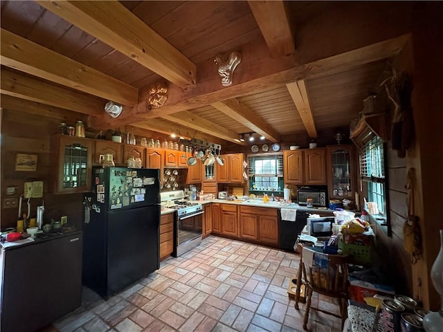 1530 Washington Rd, Washington Twp, PA 15613 - kitchen featuring black appliances, a wooden ceiling with exposed beams, glass insert cabinets, light countertops, and brick flooring