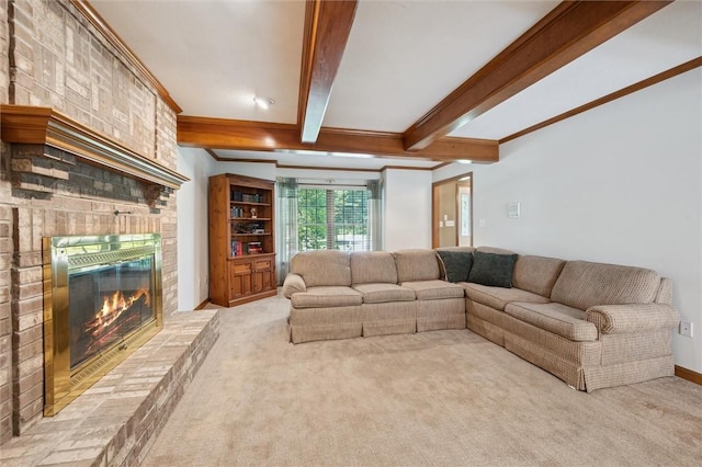 205 Elmhurst Cir, Cranberry Twp, PA 16066 - carpeted living area featuring a brick fireplace, beam ceiling, and crown molding