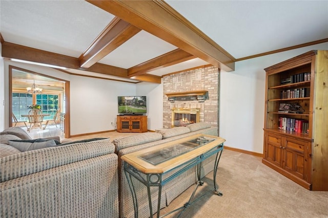 205 Elmhurst Cir, Cranberry Twp, PA 16066 - living room with a chandelier, light carpet, beam ceiling, a brick fireplace, and crown molding