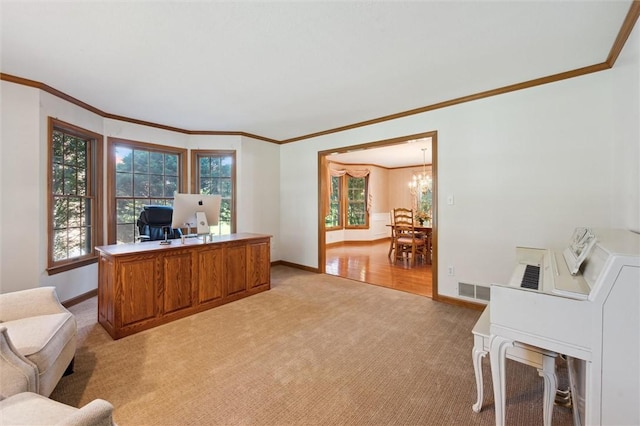 205 Elmhurst Cir, Cranberry Twp, PA 16066 - home office with light colored carpet, a chandelier, and crown molding