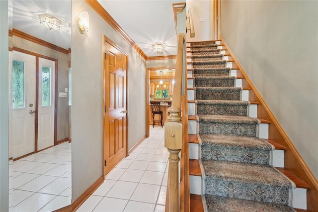 205 Elmhurst Cir, Cranberry Twp, PA 16066 - staircase featuring crown molding and tile patterned flooring