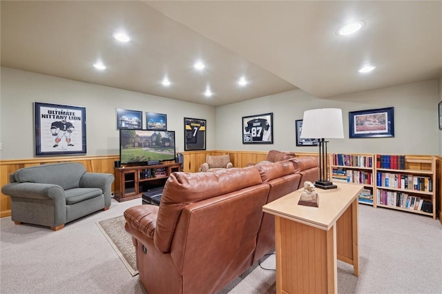 205 Elmhurst Cir, Cranberry Twp, PA 16066 - living room featuring light carpet, wainscoting, recessed lighting, and wooden walls