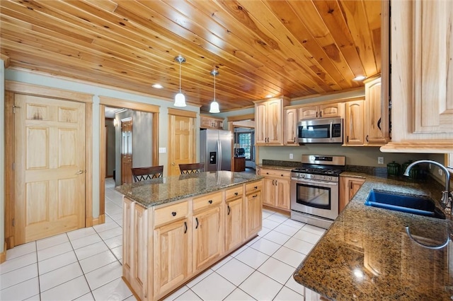 205 Elmhurst Cir, Cranberry Twp, PA 16066 - kitchen featuring stainless steel appliances, light tile patterned floors, wooden ceiling, a center island, and dark stone counters