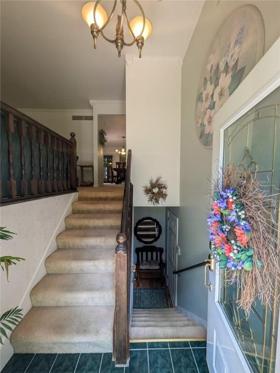 426 Unionville Rd, Franklin Twp, PA 16001 - stairway with tile patterned floors and a chandelier