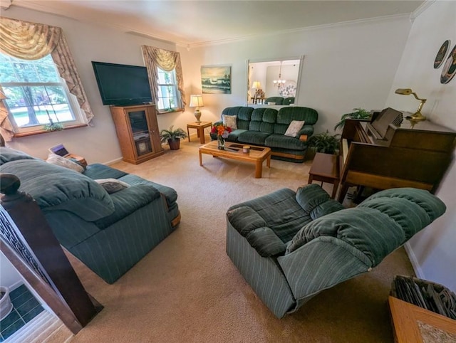 426 Unionville Rd, Franklin Twp, PA 16001 - living area featuring crown molding, carpet flooring, a chandelier, and plenty of natural light