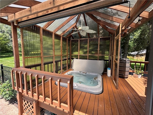 426 Unionville Rd, Franklin Twp, PA 16001 - wooden deck featuring ceiling fan and a covered hot tub