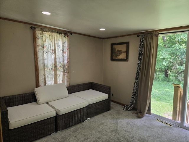 223 Park Ave, Bruin Boro, PA 16022 - living area with ornamental molding, healthy amount of natural light, carpet, and recessed lighting