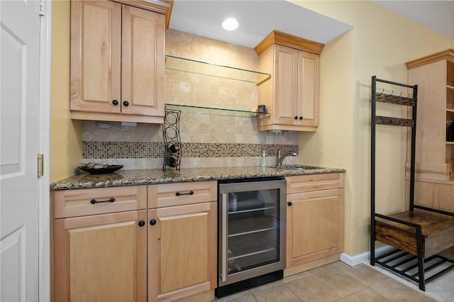 1100 Eleanor Pl, Adams Twp, PA 15044 - kitchen with wine cooler, light brown cabinets, tasteful backsplash, light tile patterned floors, and stone counters