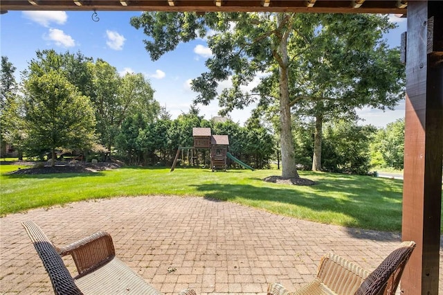 1100 Eleanor Pl, Adams Twp, PA 15044 - view of patio featuring a playground and view of wooded area