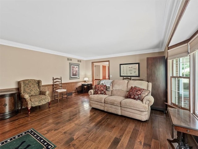 4273 River Rd, North Sewickley Twp, PA 15010 - living area featuring dark wood-type flooring, a wainscoted wall, and crown molding