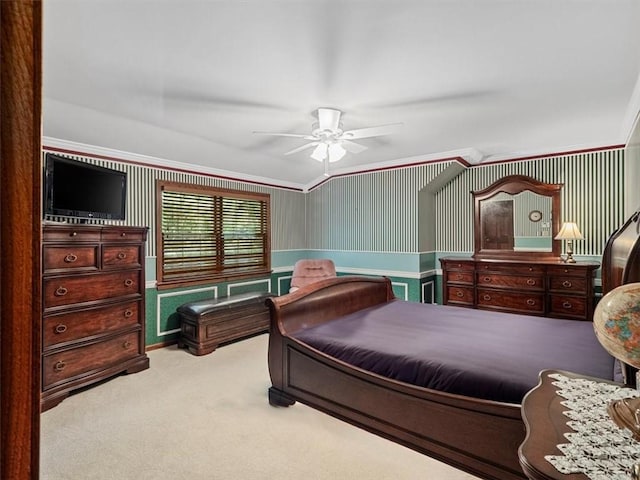 4273 River Rd, North Sewickley Twp, PA 15010 - carpeted bedroom featuring ornamental molding, wallpapered walls, and a ceiling fan
