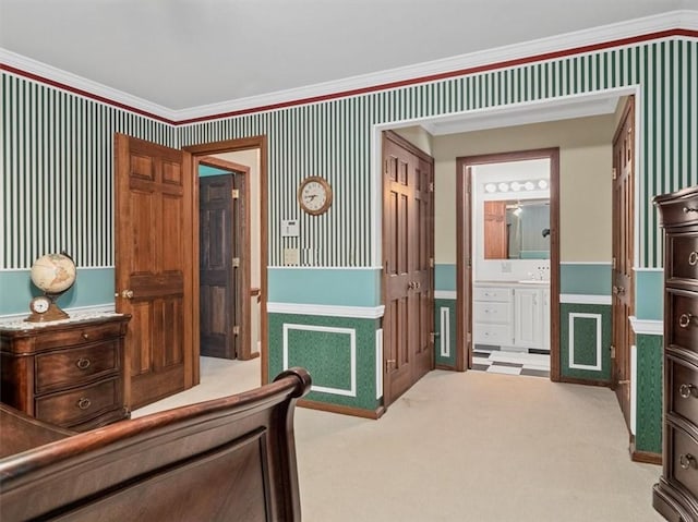 4273 River Rd, North Sewickley Twp, PA 15010 - bedroom with wallpapered walls, a wainscoted wall, crown molding, carpet flooring, and ensuite bath