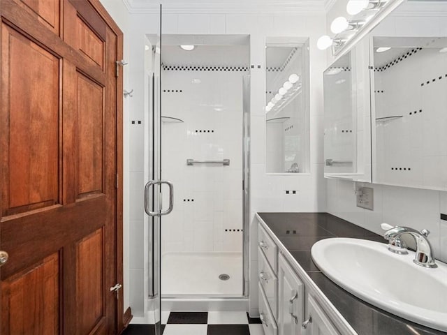 4273 River Rd, North Sewickley Twp, PA 15010 - full bath with a shower stall, vanity, crown molding, and tile patterned floors