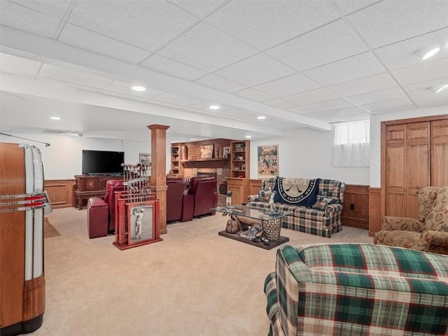4273 River Rd, North Sewickley Twp, PA 15010 - living room with light carpet, wainscoting, a paneled ceiling, and recessed lighting