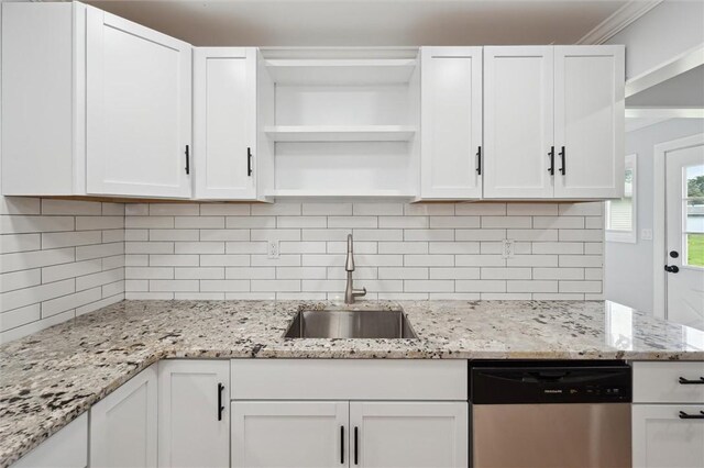 219 Sherwood Dr, Cranberry Twp, PA 16066 - kitchen featuring dishwasher, open shelves, white cabinets, and decorative backsplash