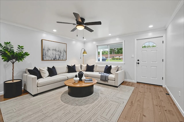 219 Sherwood Dr, Cranberry Twp, PA 16066 - living area with light wood-style floors, ceiling fan, crown molding, and recessed lighting