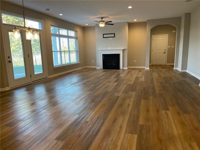 4252 Hawthorn Dr, South Park, PA 15129 - unfurnished living room with a ceiling fan, healthy amount of natural light, dark wood-style flooring, a fireplace, and recessed lighting