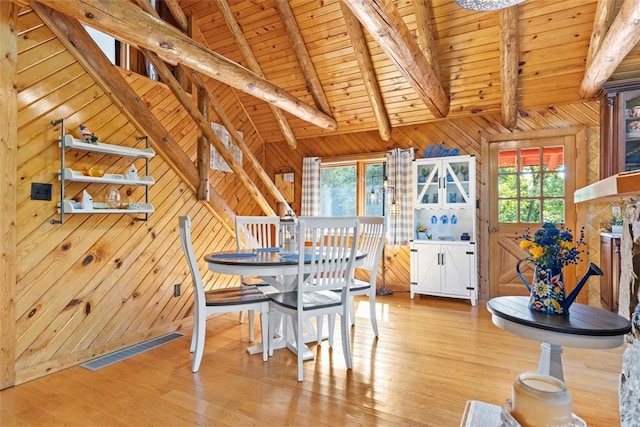 207 High Acres Rd, Lancaster Twp, PA 16037 - dining space with wooden ceiling, healthy amount of natural light, light wood-type flooring, and wooden walls