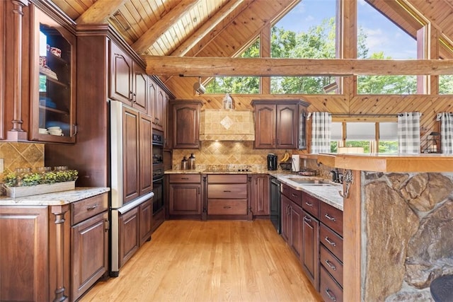 207 High Acres Rd, Lancaster Twp, PA 16037 - kitchen with a peninsula, wooden ceiling, decorative backsplash, light wood-style floors, and black appliances