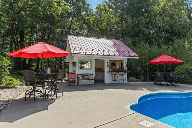 207 High Acres Rd, Lancaster Twp, PA 16037 - outdoor pool featuring a patio, a storage structure, an outdoor structure, and outdoor dining space