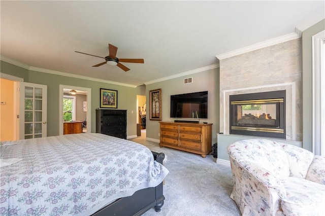 16 Mcdowell Rd, Ligonier Twp, PA 15658 - bedroom featuring light colored carpet, crown molding, ceiling fan, and a multi sided fireplace
