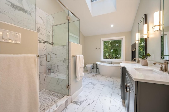 16 Mcdowell Rd, Ligonier Twp, PA 15658 - bathroom with marble finish floors, lofted ceiling, a marble finish shower, double vanity, and a freestanding tub