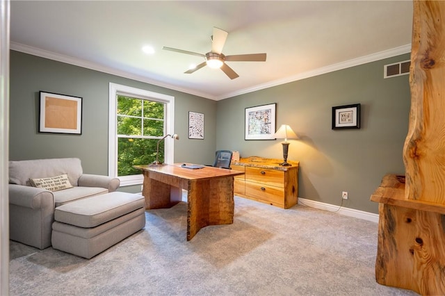 16 Mcdowell Rd, Ligonier Twp, PA 15658 - home office featuring ornamental molding, ceiling fan, and carpet flooring