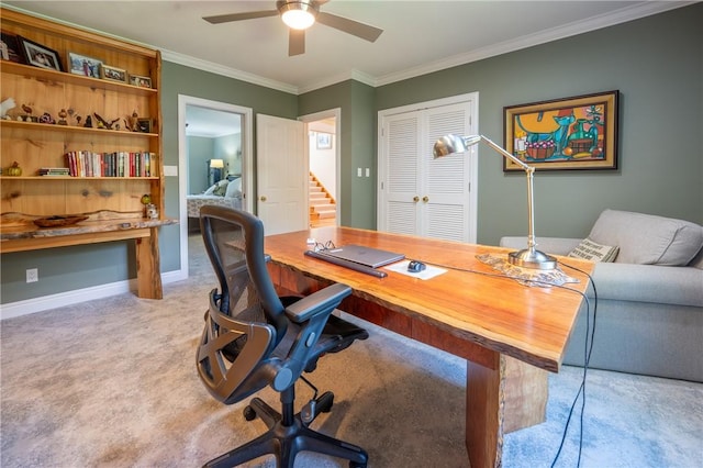 16 Mcdowell Rd, Ligonier Twp, PA 15658 - home office with a ceiling fan, light colored carpet, and ornamental molding