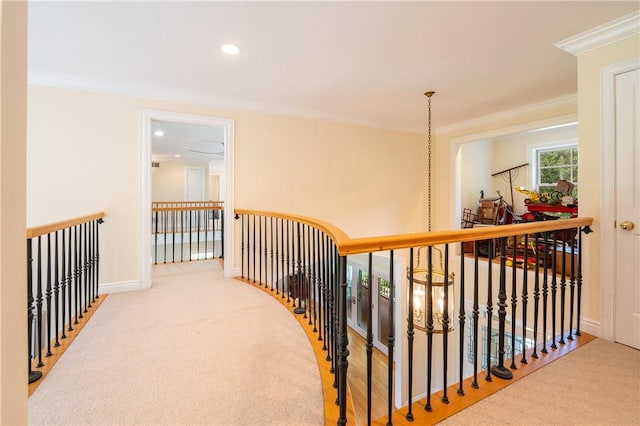 16 Mcdowell Rd, Ligonier Twp, PA 15658 - hallway featuring an upstairs landing, crown molding, recessed lighting, and carpet