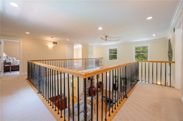 16 Mcdowell Rd, Ligonier Twp, PA 15658 - hallway with crown molding, light colored carpet, recessed lighting, and an upstairs landing