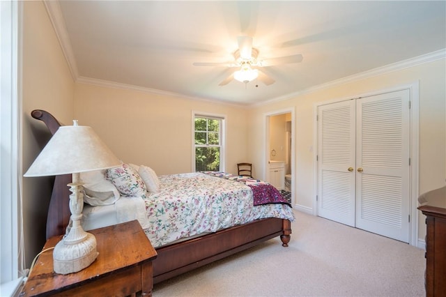 16 Mcdowell Rd, Ligonier Twp, PA 15658 - bedroom with ornamental molding, a closet, carpet floors, ensuite bath, and a ceiling fan