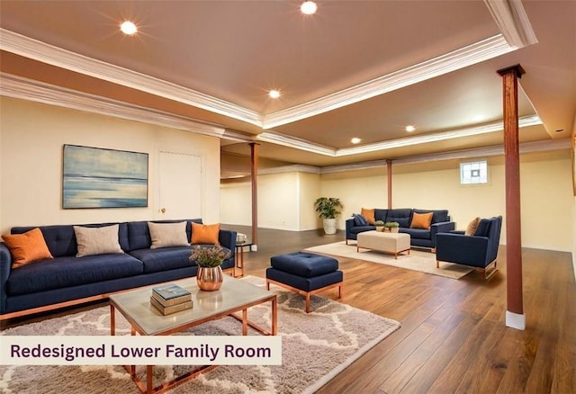 16 Mcdowell Rd, Ligonier Twp, PA 15658 - living room featuring ornamental molding, hardwood / wood-style floors, a tray ceiling, and recessed lighting