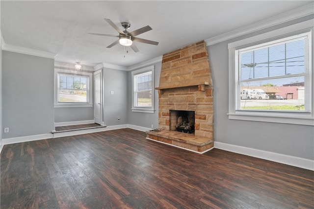 200 Thomas St, West Mifflin, PA 15122 - unfurnished living room with ornamental molding, wood finished floors, ceiling fan, and a fireplace