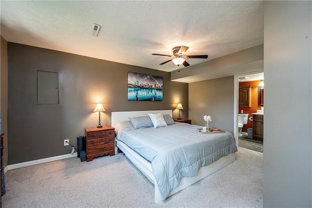 221 Wheatfield Dr, Hempfield Twp, PA 15601 - bedroom featuring carpet, a textured ceiling, ensuite bathroom, and a ceiling fan