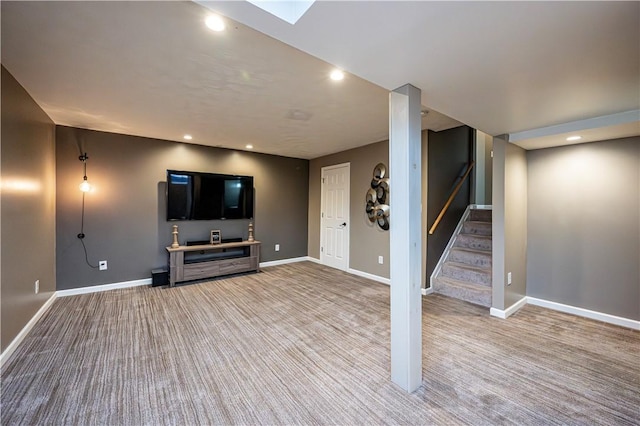221 Wheatfield Dr, Hempfield Twp, PA 15601 - unfurnished living room featuring light carpet, stairway, and recessed lighting
