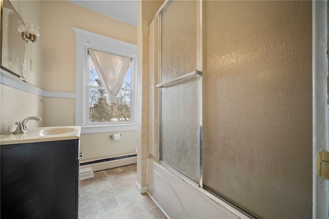432-434 E Chestnut St E, Washington Boro, PA 15301 - full bathroom featuring a baseboard heating unit, vanity, combined bath / shower with glass door, and tile patterned floors