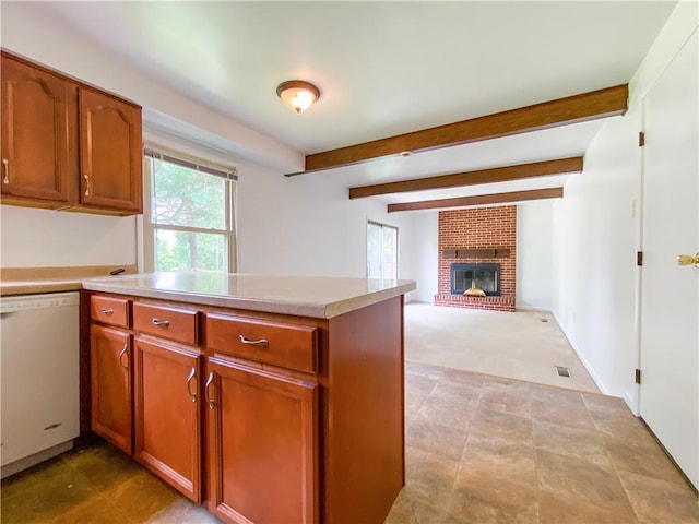 5380 Tuscarawas Rd, Brighton Twp, PA 15009 - kitchen with dishwasher, brown cabinetry, a peninsula, light countertops, and a brick fireplace