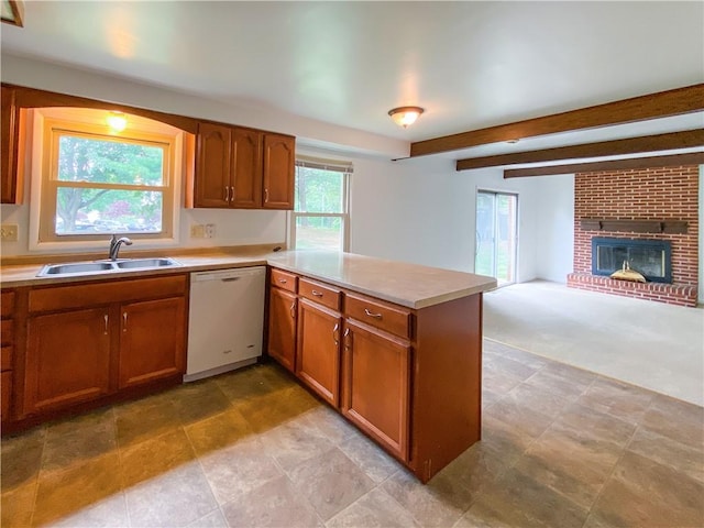 5380 Tuscarawas Rd, Brighton Twp, PA 15009 - kitchen featuring white dishwasher, a peninsula, brown cabinetry, light countertops, and open floor plan