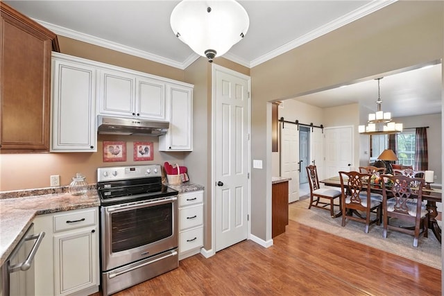 202 Ringneck Meadow Dr, Worth Twp, PA 16057 - kitchen featuring appliances with stainless steel finishes, under cabinet range hood, a barn door, light wood-style floors, and pendant lighting